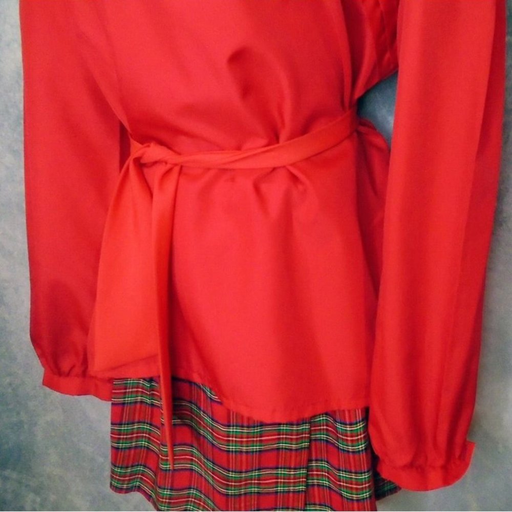Plus Size Vintage Red Blouse, 70s Long Sleeve Top With Tie Belt VFG - Picture 4 of 8